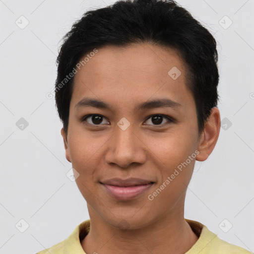 Joyful asian young-adult female with short  brown hair and brown eyes