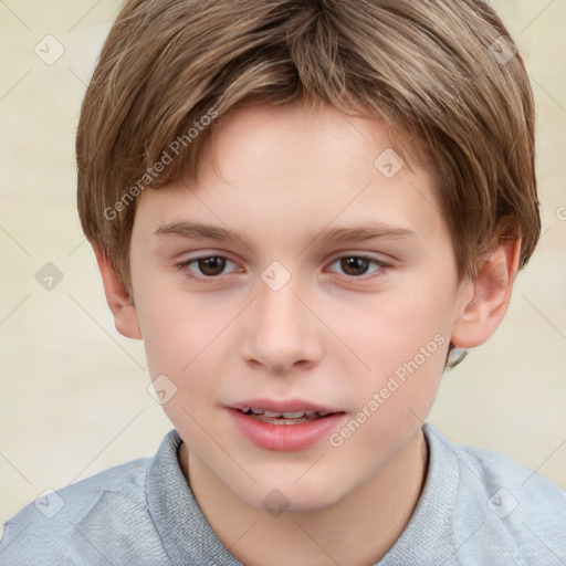 Joyful white child female with short  brown hair and brown eyes