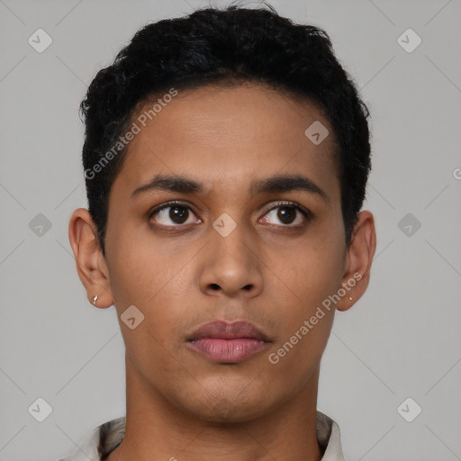 Neutral latino young-adult male with short  brown hair and brown eyes