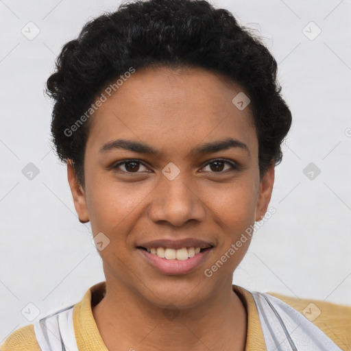 Joyful latino young-adult female with short  brown hair and brown eyes