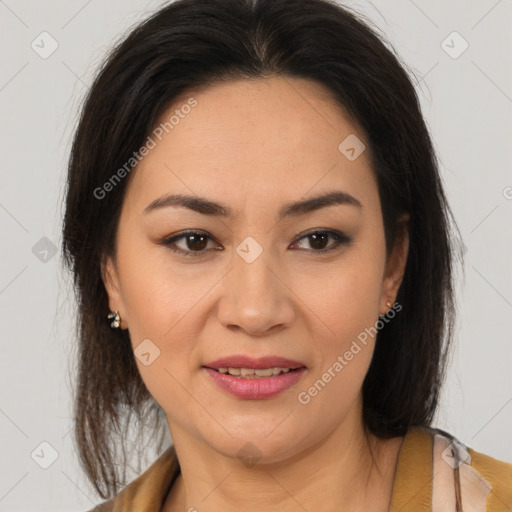 Joyful latino young-adult female with medium  brown hair and brown eyes