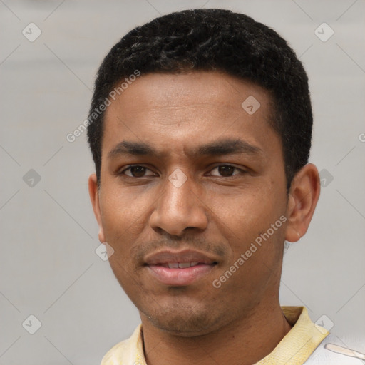 Neutral latino young-adult male with short  black hair and brown eyes