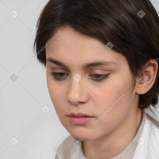 Neutral white young-adult female with medium  brown hair and brown eyes