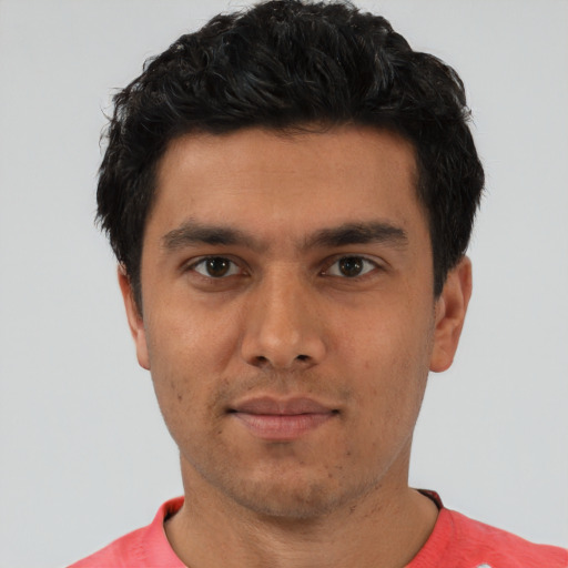 Neutral white young-adult male with short  black hair and brown eyes