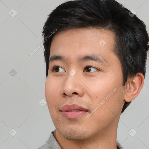 Neutral asian young-adult male with short  black hair and brown eyes