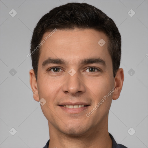 Joyful white young-adult male with short  brown hair and brown eyes