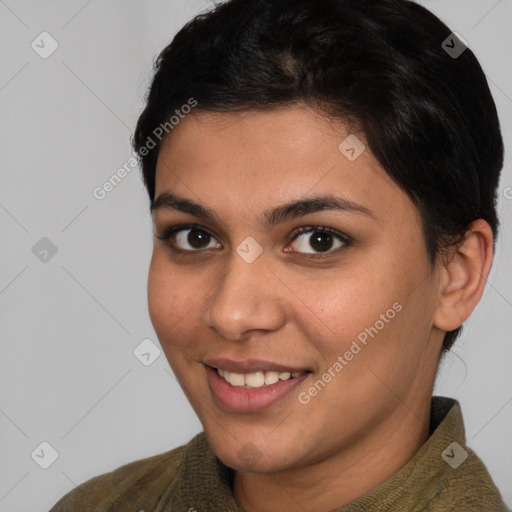 Joyful white young-adult female with short  brown hair and brown eyes