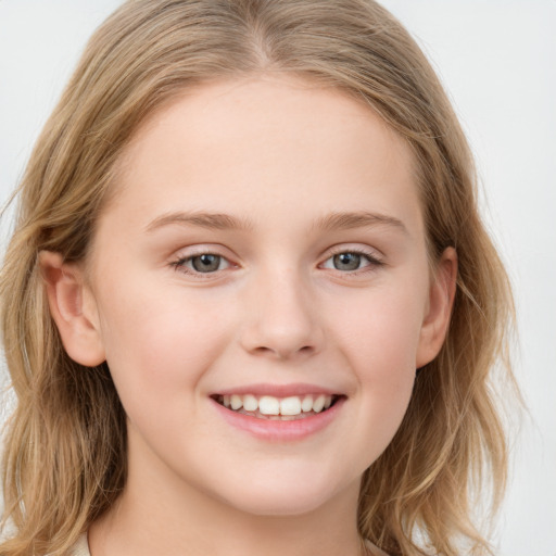 Joyful white child female with medium  brown hair and grey eyes