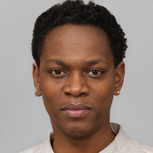 Neutral black young-adult female with short  black hair and brown eyes