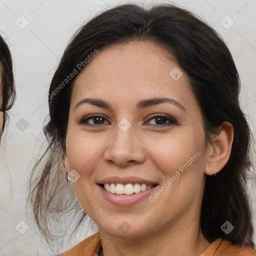 Joyful latino young-adult female with medium  brown hair and brown eyes