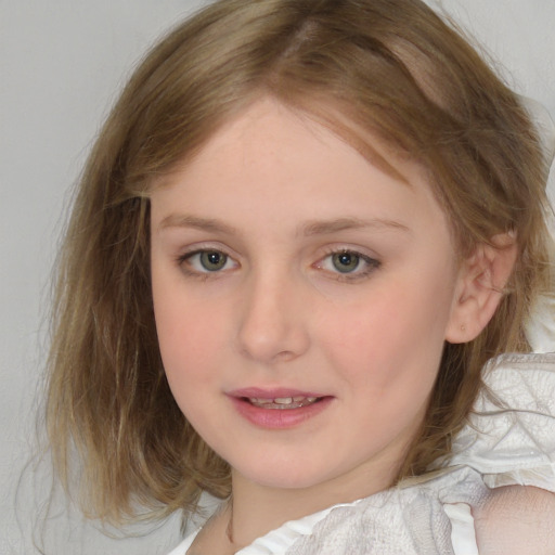 Joyful white child female with medium  brown hair and blue eyes