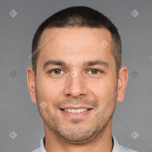 Joyful white young-adult male with short  brown hair and brown eyes