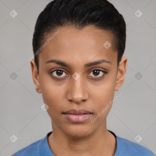 Neutral latino young-adult female with short  brown hair and brown eyes