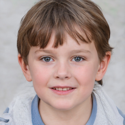 Joyful white child female with medium  brown hair and blue eyes