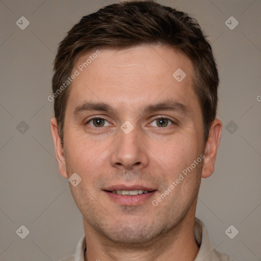 Joyful white young-adult male with short  brown hair and brown eyes