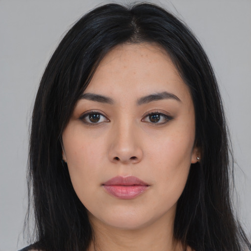 Neutral asian young-adult female with long  black hair and brown eyes