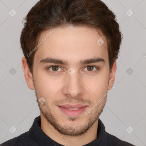 Neutral white young-adult male with short  brown hair and brown eyes