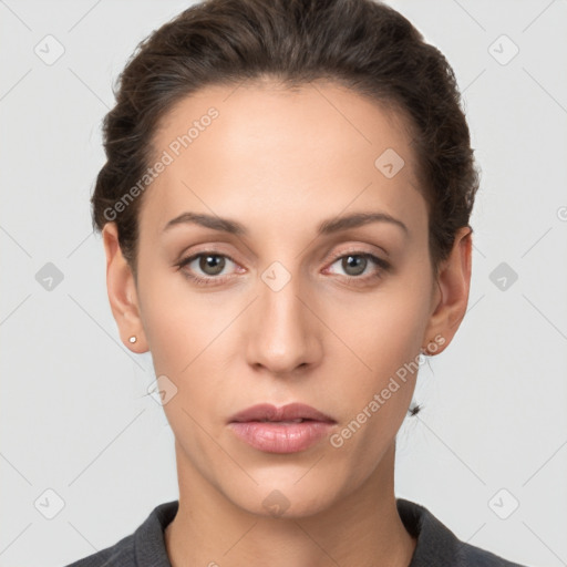 Neutral white young-adult female with short  brown hair and brown eyes