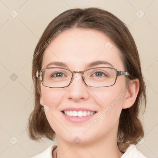 Joyful white young-adult female with medium  brown hair and blue eyes