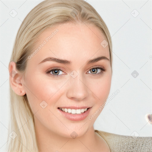 Joyful white young-adult female with long  brown hair and blue eyes