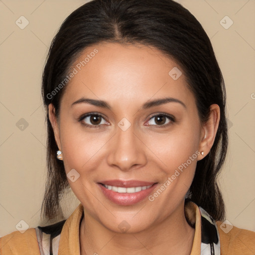 Joyful white young-adult female with long  brown hair and brown eyes