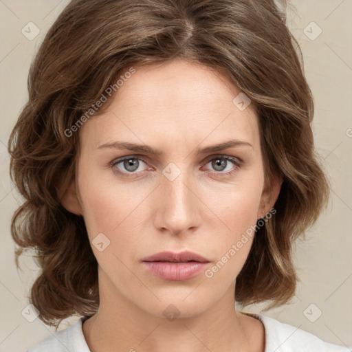 Neutral white young-adult female with medium  brown hair and grey eyes