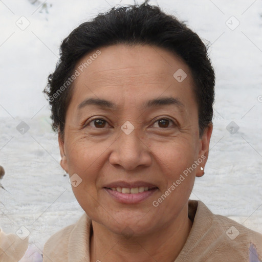 Joyful white adult female with short  brown hair and brown eyes