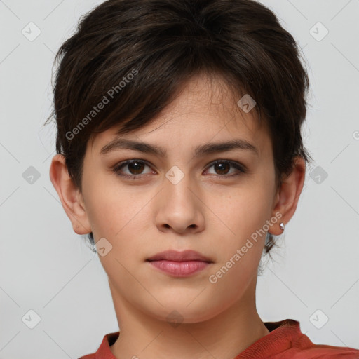 Neutral white young-adult female with short  brown hair and brown eyes