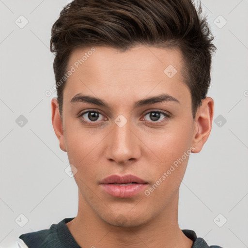 Neutral white young-adult male with short  brown hair and brown eyes