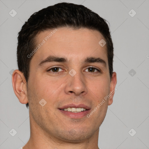 Joyful white young-adult male with short  brown hair and brown eyes