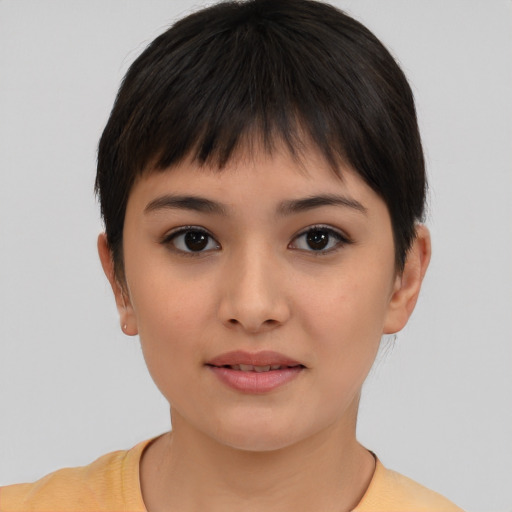 Joyful asian young-adult female with short  black hair and brown eyes