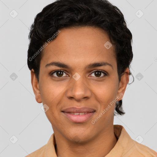 Joyful latino young-adult female with short  brown hair and brown eyes