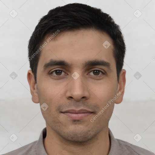 Neutral asian young-adult male with short  black hair and brown eyes