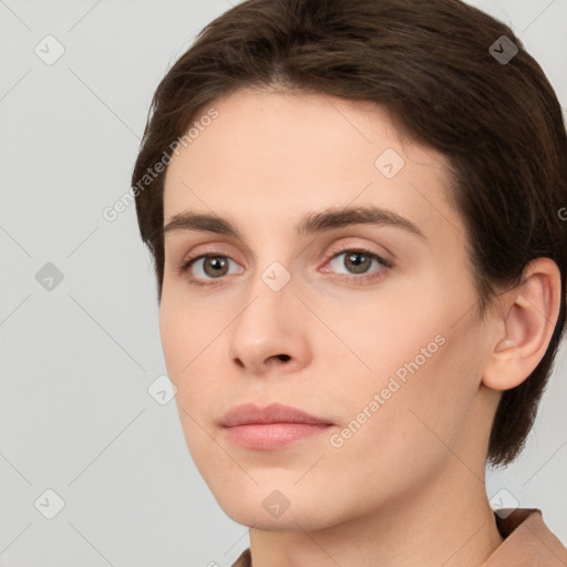 Neutral white young-adult female with medium  brown hair and brown eyes