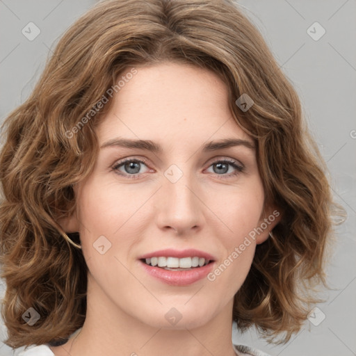 Joyful white young-adult female with medium  brown hair and green eyes