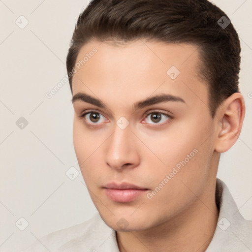 Neutral white young-adult male with short  brown hair and brown eyes