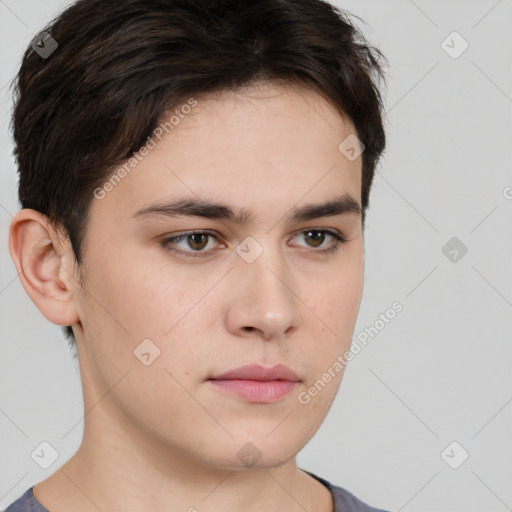 Neutral white young-adult male with short  brown hair and brown eyes