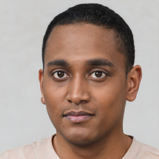 Neutral black young-adult male with short  black hair and brown eyes