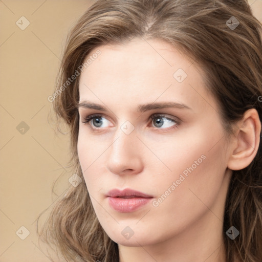 Neutral white young-adult female with long  brown hair and grey eyes