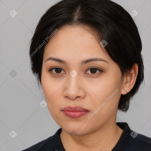 Neutral asian young-adult female with medium  brown hair and brown eyes