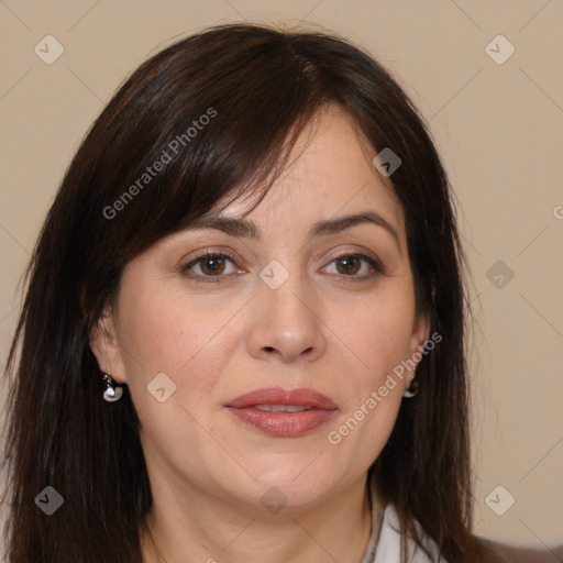 Joyful white adult female with medium  brown hair and brown eyes