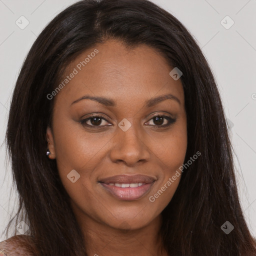 Joyful asian young-adult female with long  brown hair and brown eyes