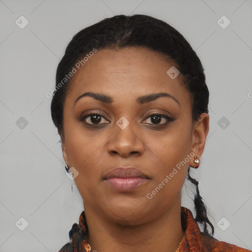 Neutral black young-adult female with short  black hair and brown eyes