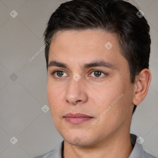 Joyful white young-adult male with short  brown hair and brown eyes