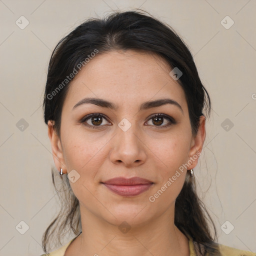 Joyful white young-adult female with medium  brown hair and brown eyes