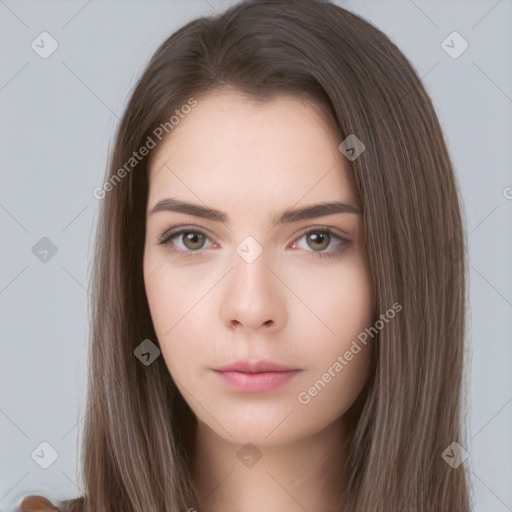 Neutral white young-adult female with long  brown hair and brown eyes