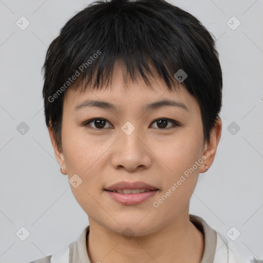 Joyful asian young-adult female with short  brown hair and brown eyes