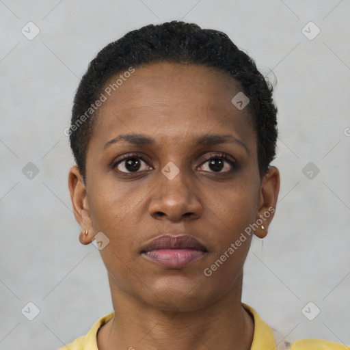 Neutral black young-adult female with short  brown hair and brown eyes