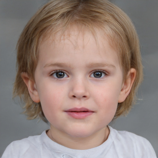 Neutral white child female with medium  brown hair and blue eyes