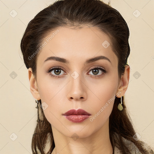 Neutral white young-adult female with long  brown hair and brown eyes